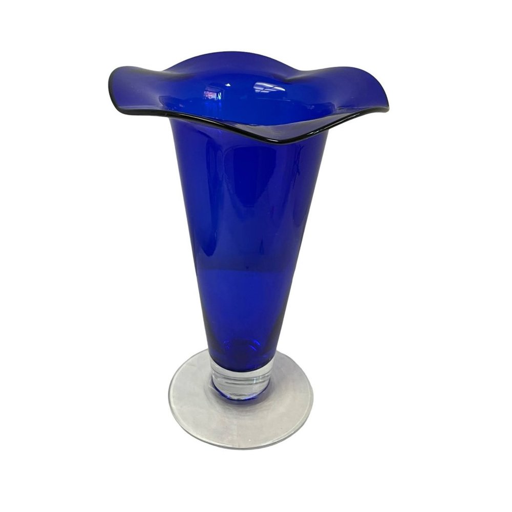 Cobalt Blue Glass Vase Ruffled Tulip Lip Clear Base Hand Blown 8 1/2"‎ x 5 1/2"